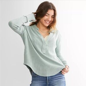 Free People Thermal Anakin Green Collared Long Sleeve